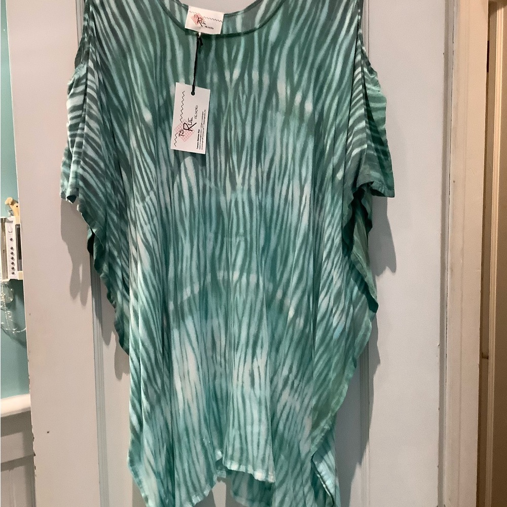 TS Rue Green and White Tie-Dye Cold-Shoulder Tunic